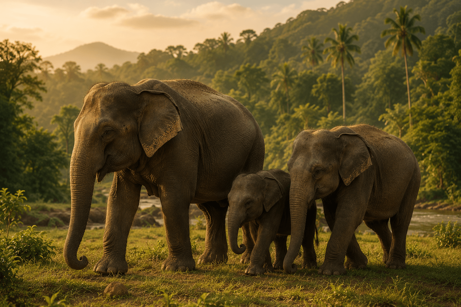 Stylised elephants in a landscape